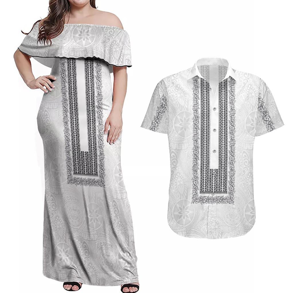 Philippines Polynesian Jasmine Pattern Couples Matching Off Shoulder Maxi Dress and Hawaiian Shirt With Barong Tagalog White Style LT03 White - Polynesian Pride