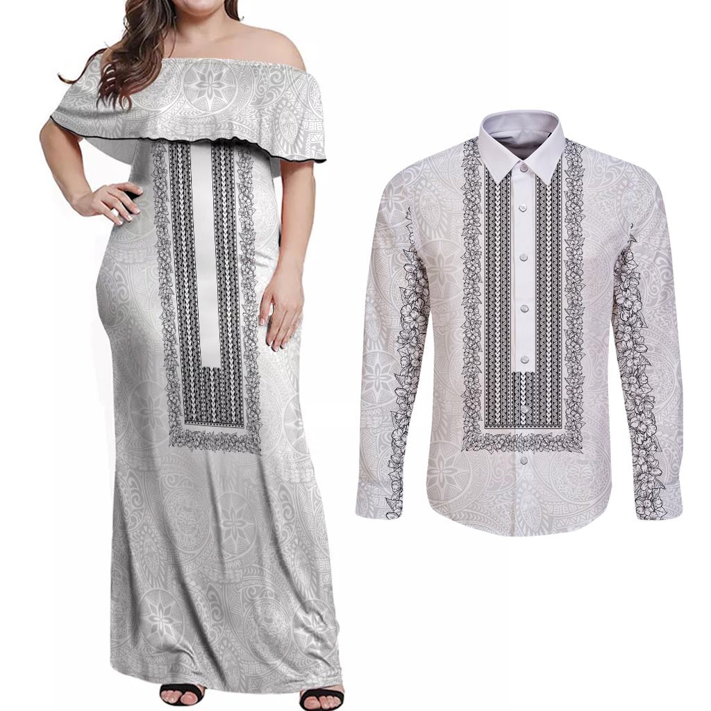 Philippines Polynesian Jasmine Pattern Couples Matching Off Shoulder Maxi Dress and Long Sleeve Button Shirt With Barong Tagalog White Style LT03 White - Polynesian Pride