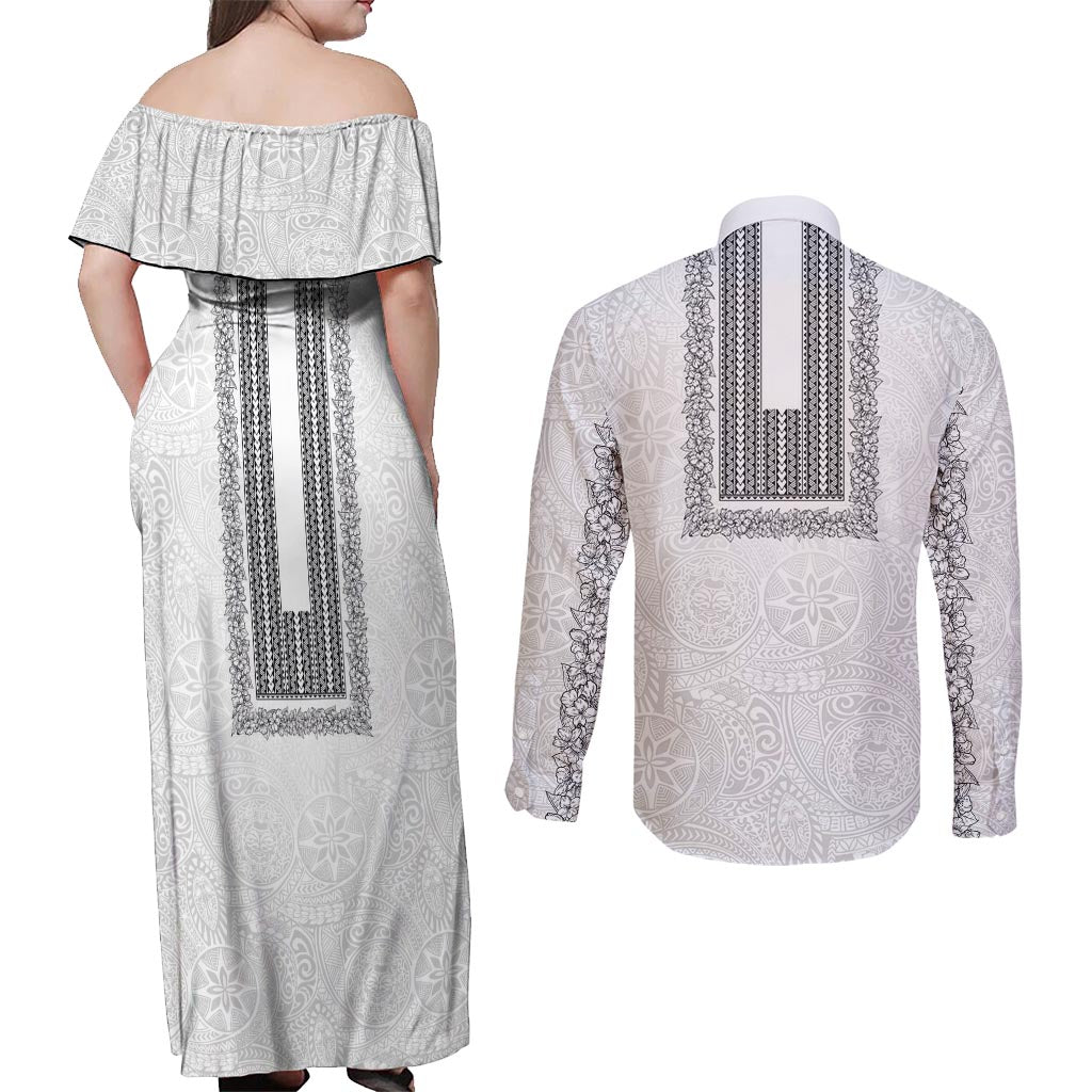 Philippines Polynesian Jasmine Pattern Couples Matching Off Shoulder Maxi Dress and Long Sleeve Button Shirt With Barong Tagalog White Style