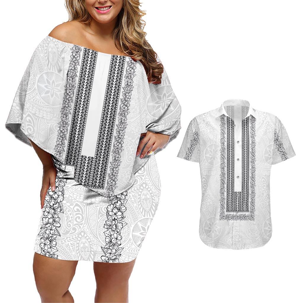 Philippines Polynesian Jasmine Pattern Couples Matching Off Shoulder Short Dress and Hawaiian Shirt With Barong Tagalog White Style LT03 White - Polynesian Pride