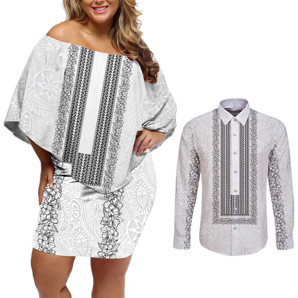 Philippines Polynesian Jasmine Pattern Couples Matching Off Shoulder Short Dress and Long Sleeve Button Shirt With Barong Tagalog White Style LT03 White - Polynesian Pride