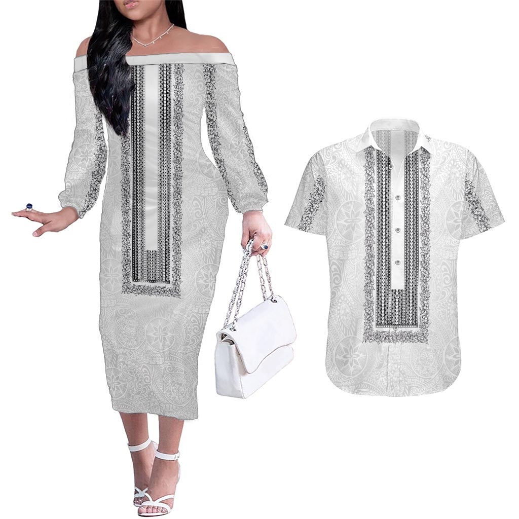 Philippines Polynesian Jasmine Pattern Couples Matching Off The Shoulder Long Sleeve Dress and Hawaiian Shirt With Barong Tagalog White Style LT03 White - Polynesian Pride