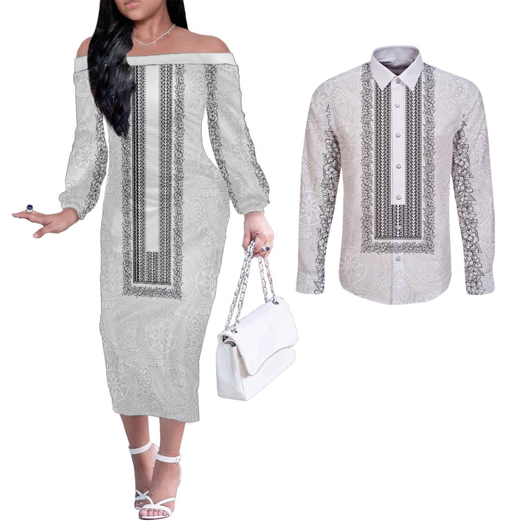 Philippines Polynesian Jasmine Pattern Couples Matching Off The Shoulder Long Sleeve Dress and Long Sleeve Button Shirt With Barong Tagalog White Style LT03 White - Polynesian Pride
