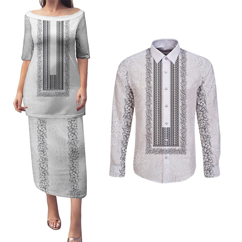 Philippines Polynesian Jasmine Pattern Couples Matching Puletasi and Long Sleeve Button Shirt With Barong Tagalog White Style LT03 White - Polynesian Pride