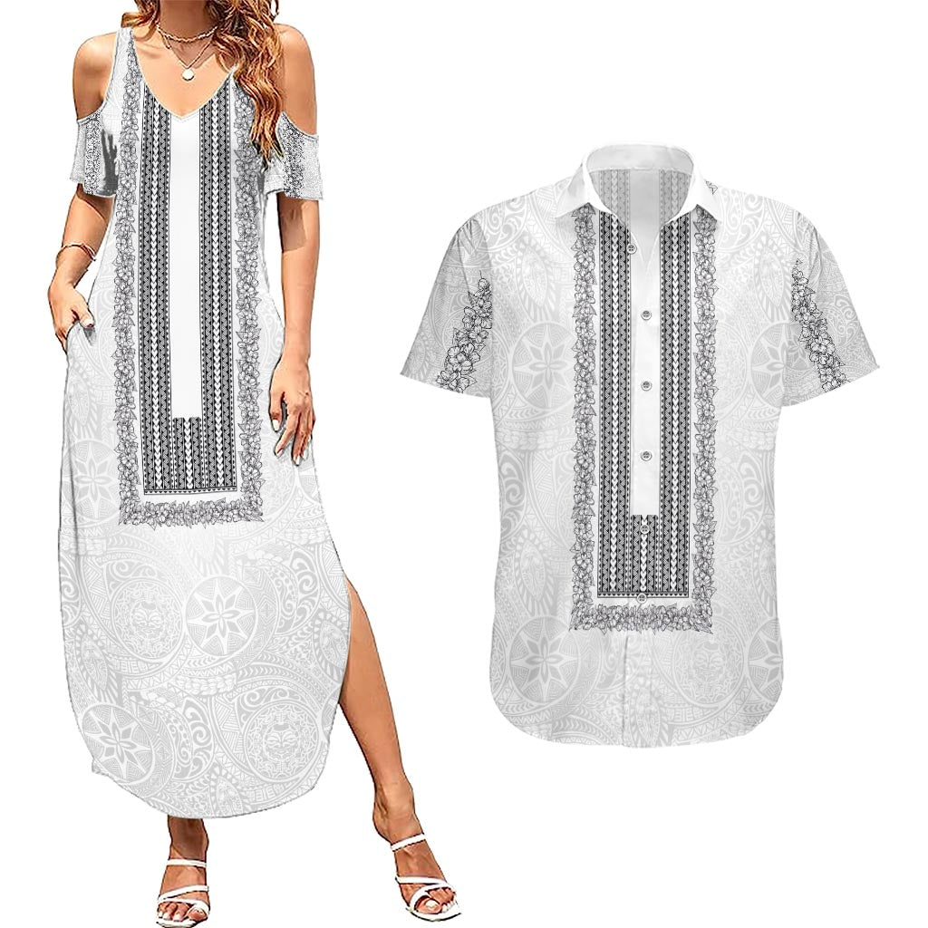 Philippines Polynesian Jasmine Pattern Couples Matching Summer Maxi Dress and Hawaiian Shirt With Barong Tagalog White Style LT03 White - Polynesian Pride
