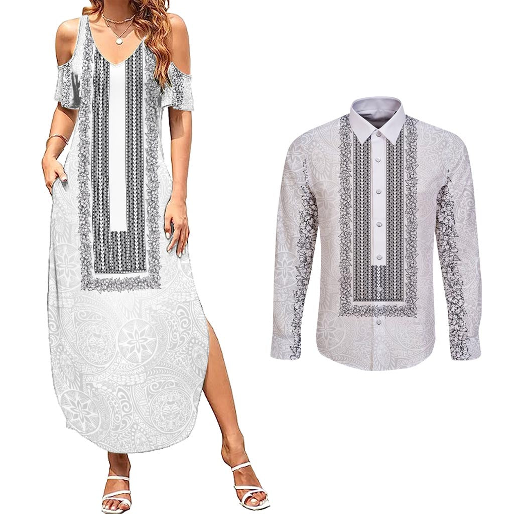 Philippines Polynesian Jasmine Pattern Couples Matching Summer Maxi Dress and Long Sleeve Button Shirt With Barong Tagalog White Style LT03 White - Polynesian Pride