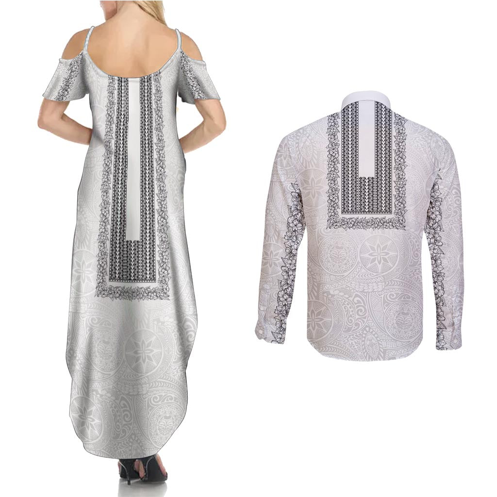 Philippines Polynesian Jasmine Pattern Couples Matching Summer Maxi Dress and Long Sleeve Button Shirt With Barong Tagalog White Style