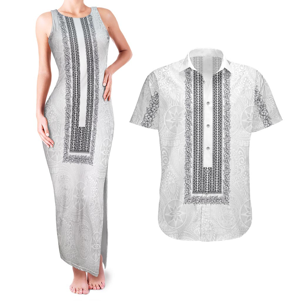 Philippines Polynesian Jasmine Pattern Couples Matching Tank Maxi Dress and Hawaiian Shirt With Barong Tagalog White Style LT03 White - Polynesian Pride