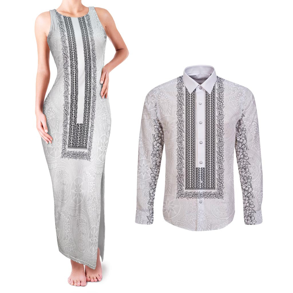 Philippines Polynesian Jasmine Pattern Couples Matching Tank Maxi Dress and Long Sleeve Button Shirt With Barong Tagalog White Style LT03 White - Polynesian Pride