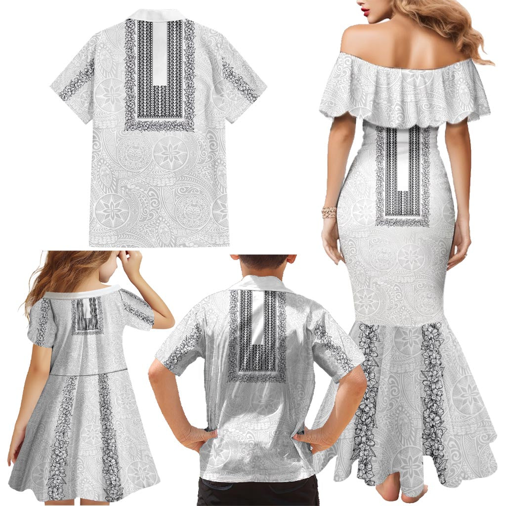 Philippines Polynesian Jasmine Pattern Family Matching Mermaid Dress and Hawaiian Shirt With Barong Tagalog White Style