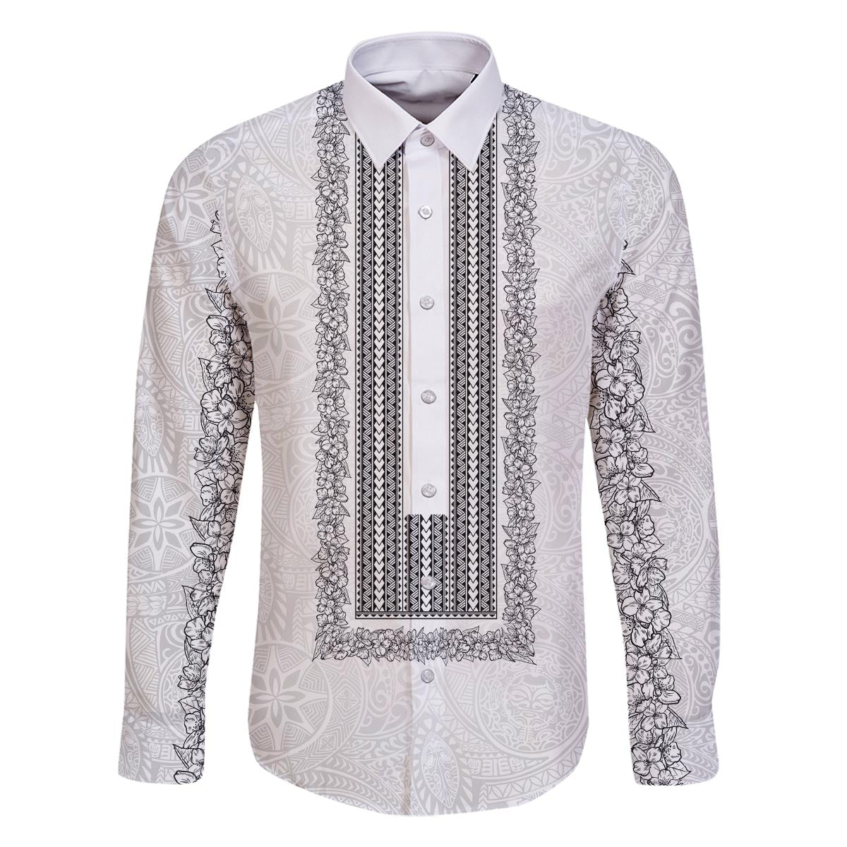Philippines Polynesian Jasmine Pattern Family Matching Off The Shoulder Long Sleeve Dress and Hawaiian Shirt With Barong Tagalog White Style