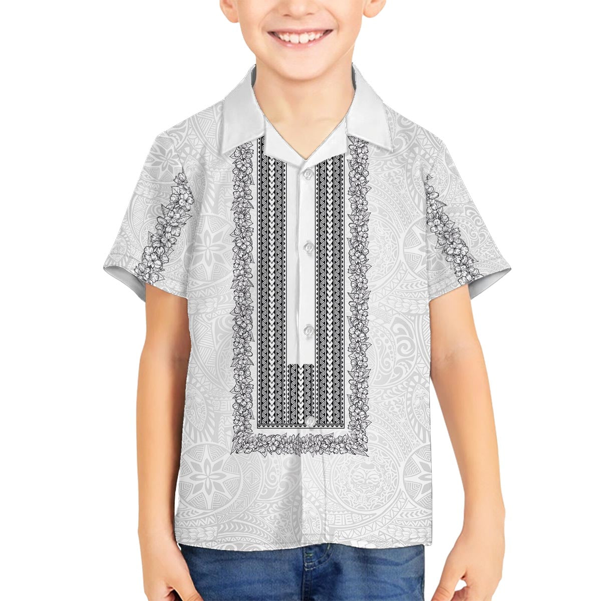 Philippines Polynesian Jasmine Pattern Family Matching Off The Shoulder Long Sleeve Dress and Hawaiian Shirt With Barong Tagalog White Style