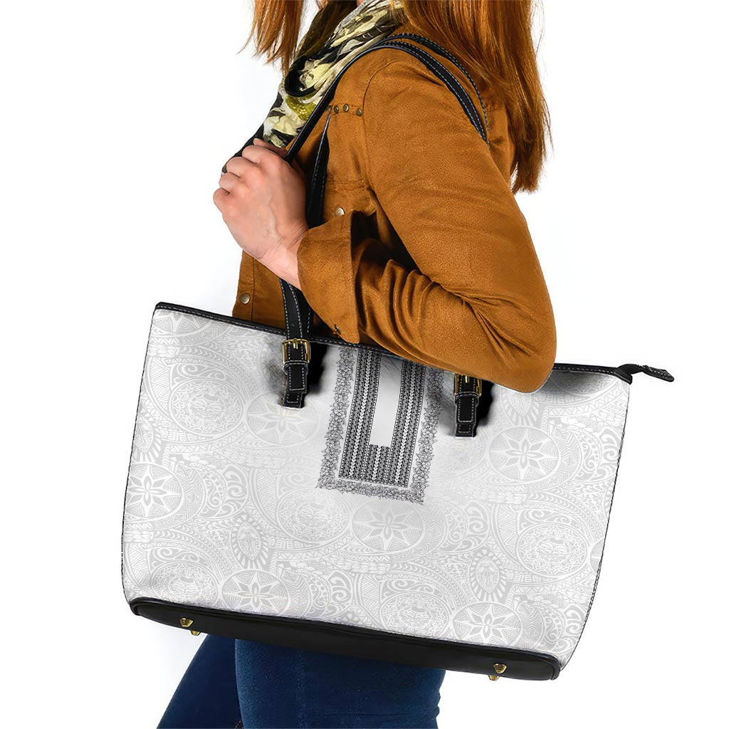 Philippines Polynesian Jasmine Pattern Leather Tote Bag With Barong Tagalog White Style LT03 White - Polynesian Pride
