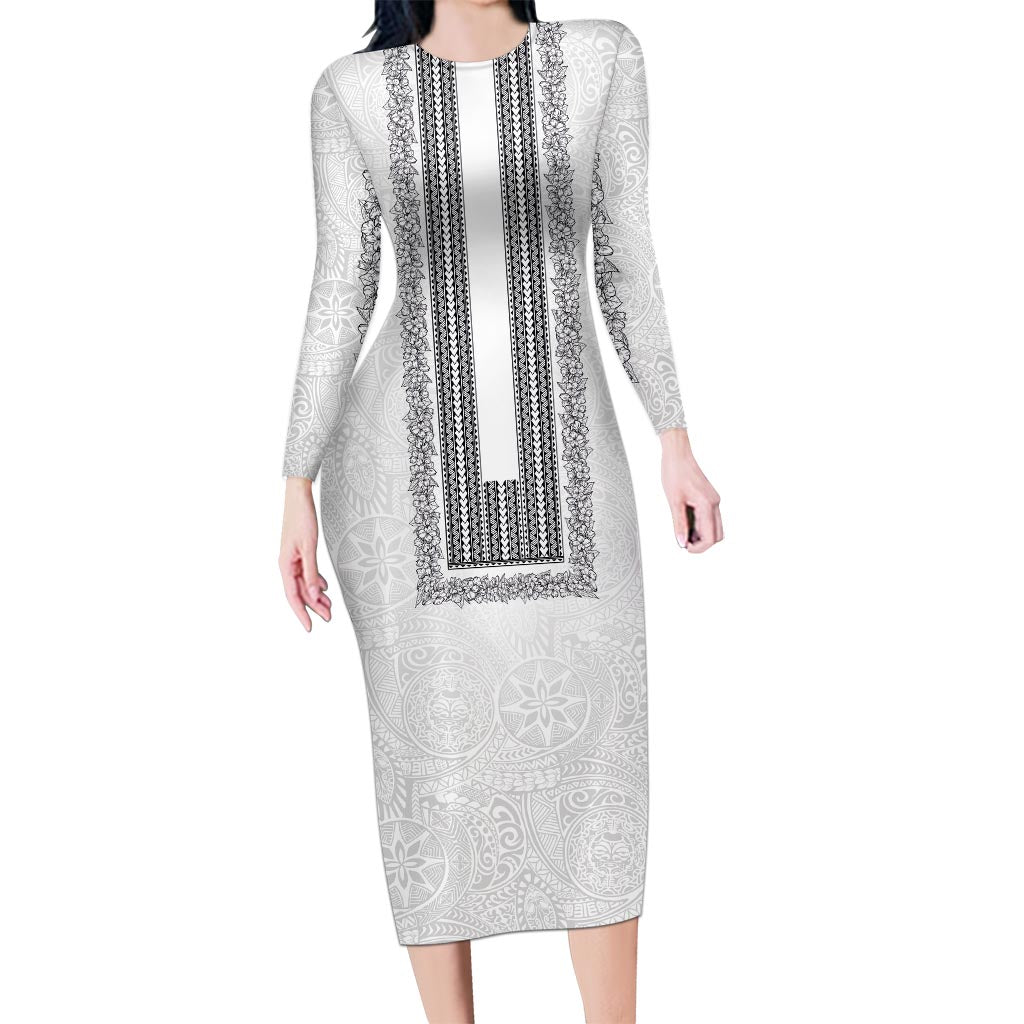 Philippines Polynesian Jasmine Pattern Long Sleeve Bodycon Dress With Barong Tagalog White Style LT03 Long Dress White - Polynesian Pride