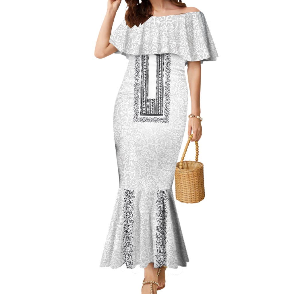 Philippines Polynesian Jasmine Pattern Mermaid Dress With Barong Tagalog White Style LT03 Women White - Polynesian Pride
