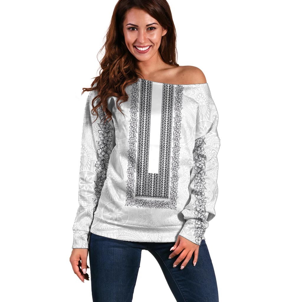 Philippines Polynesian Jasmine Pattern Off Shoulder Sweater With Barong Tagalog White Style LT03 Women White - Polynesian Pride