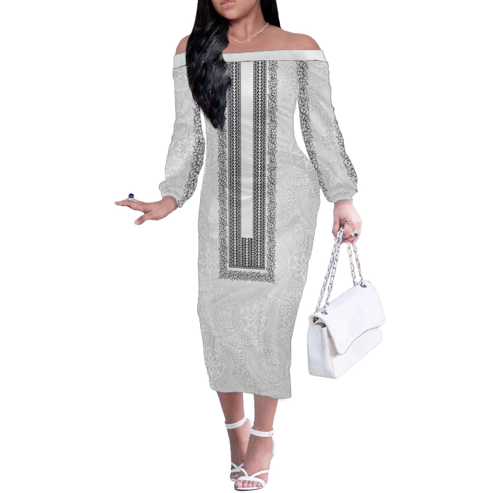 Philippines Polynesian Jasmine Pattern Off The Shoulder Long Sleeve Dress With Barong Tagalog White Style LT03 Women White - Polynesian Pride
