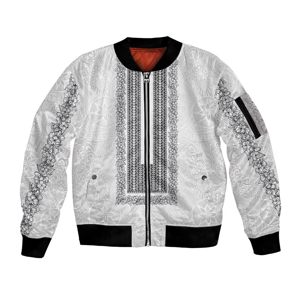 Philippines Polynesian Jasmine Pattern Sleeve Zip Bomber Jacket With Barong Tagalog White Style