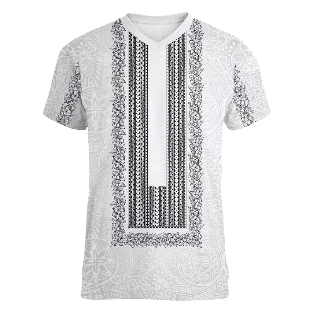 Philippines Polynesian Jasmine Pattern Women V-Neck T-Shirt With Barong Tagalog White Style LT03 Female White - Polynesian Pride