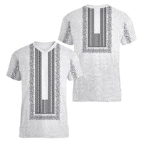 Philippines Polynesian Jasmine Pattern Women V-Neck T-Shirt With Barong Tagalog White Style