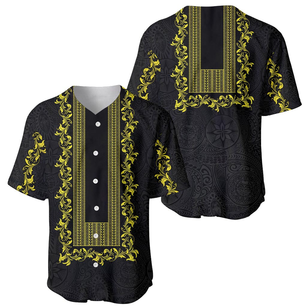 Philippines Polynesian Floral Pattern Baseball Jersey With Barong Tagalog Black Style