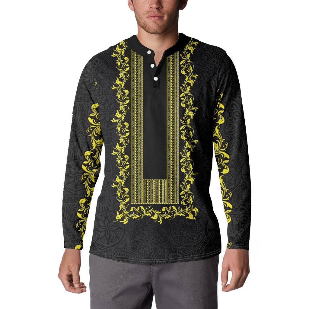 Philippines Polynesian Floral Pattern Button Sweatshirt With Barong Tagalog Black Style