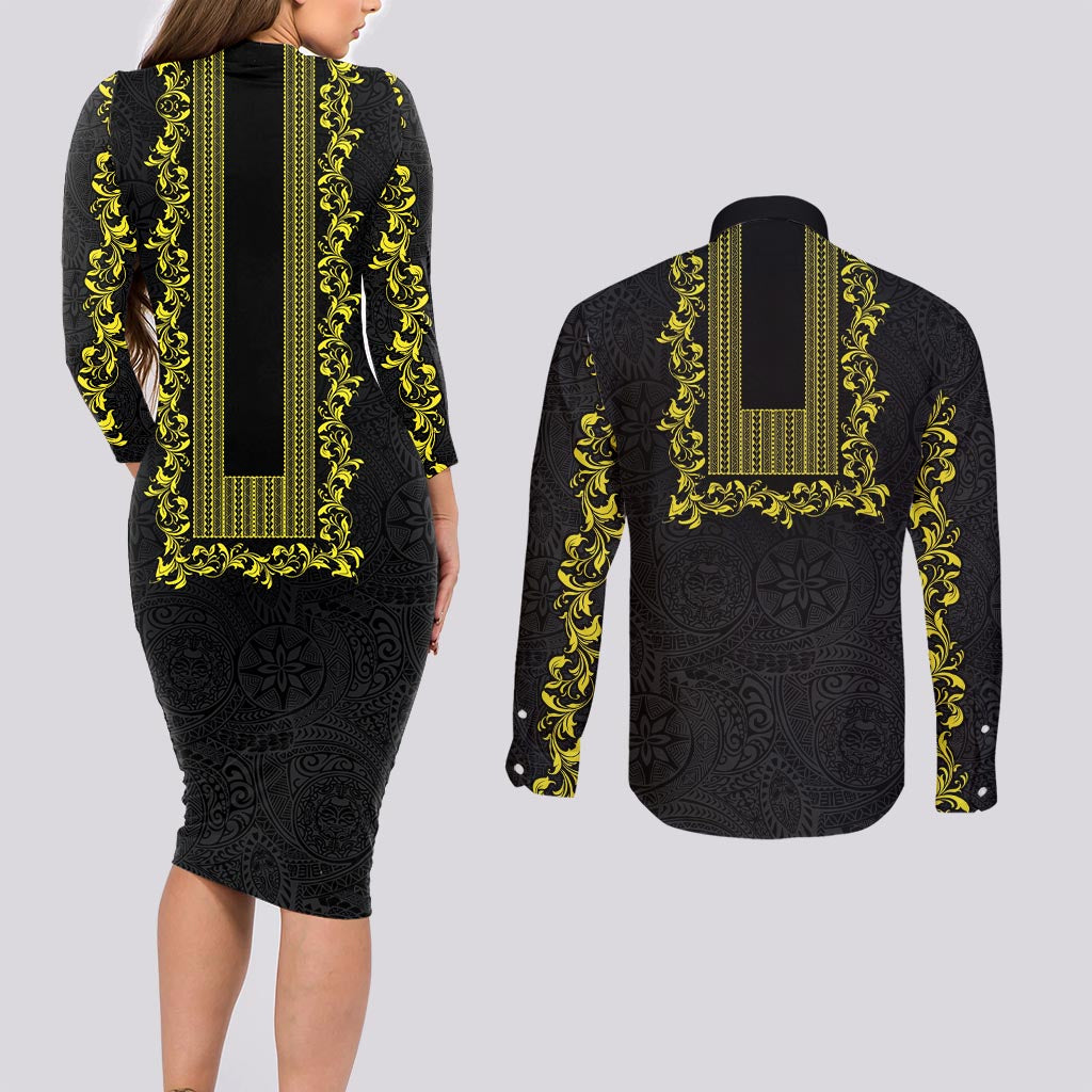 Philippines Polynesian Floral Pattern Couples Matching Long Sleeve Bodycon Dress and Long Sleeve Button Shirt With Barong Tagalog Black Style