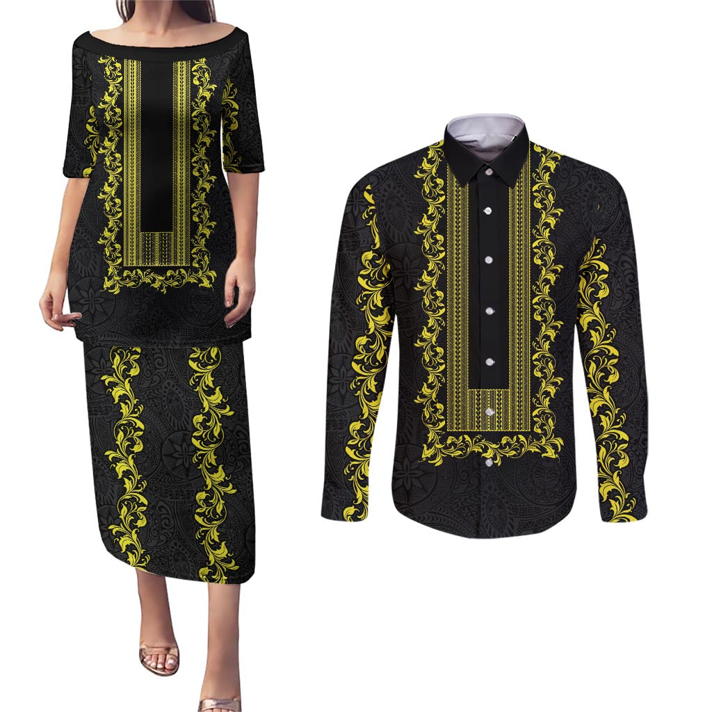 Philippines Polynesian Floral Pattern Couples Matching Puletasi and Long Sleeve Button Shirt With Barong Tagalog Black Style