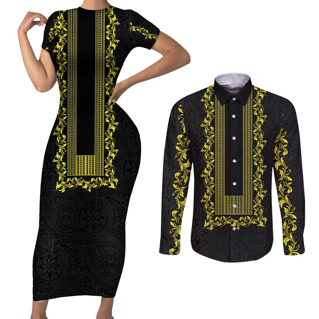 Philippines Polynesian Floral Pattern Couples Matching Short Sleeve Bodycon Dress and Long Sleeve Button Shirt With Barong Tagalog Black Style LT03 Black - Polynesian Pride
