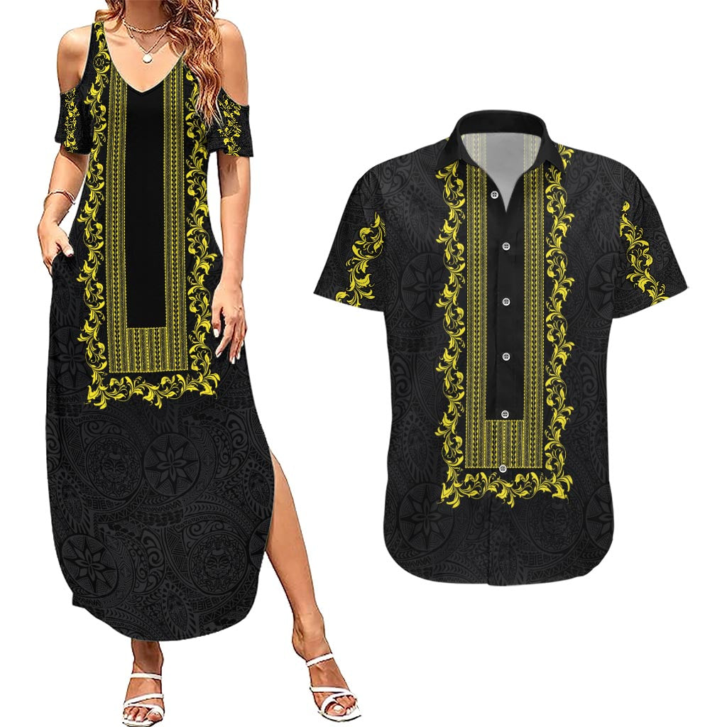 Philippines Polynesian Floral Pattern Couples Matching Summer Maxi Dress and Hawaiian Shirt With Barong Tagalog Black Style LT03 Black - Polynesian Pride