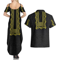 Philippines Polynesian Floral Pattern Couples Matching Summer Maxi Dress and Hawaiian Shirt With Barong Tagalog Black Style