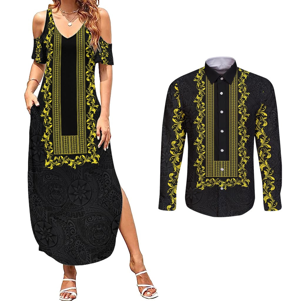 Philippines Polynesian Floral Pattern Couples Matching Summer Maxi Dress and Long Sleeve Button Shirt With Barong Tagalog Black Style LT03 Black - Polynesian Pride