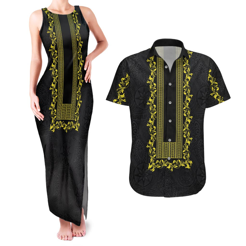 Philippines Polynesian Floral Pattern Couples Matching Tank Maxi Dress and Hawaiian Shirt With Barong Tagalog Black Style