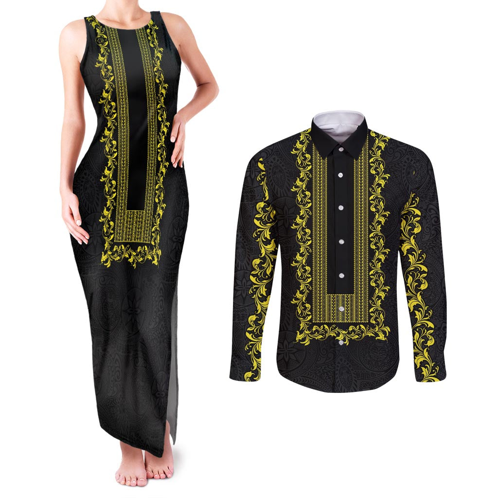 Philippines Polynesian Floral Pattern Couples Matching Tank Maxi Dress and Long Sleeve Button Shirt With Barong Tagalog Black Style LT03 Black - Polynesian Pride