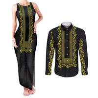 Philippines Polynesian Floral Pattern Couples Matching Tank Maxi Dress and Long Sleeve Button Shirt With Barong Tagalog Black Style
