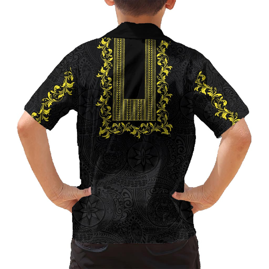 Philippines Polynesian Floral Pattern Family Matching Long Sleeve Bodycon Dress and Hawaiian Shirt With Barong Tagalog Black Style