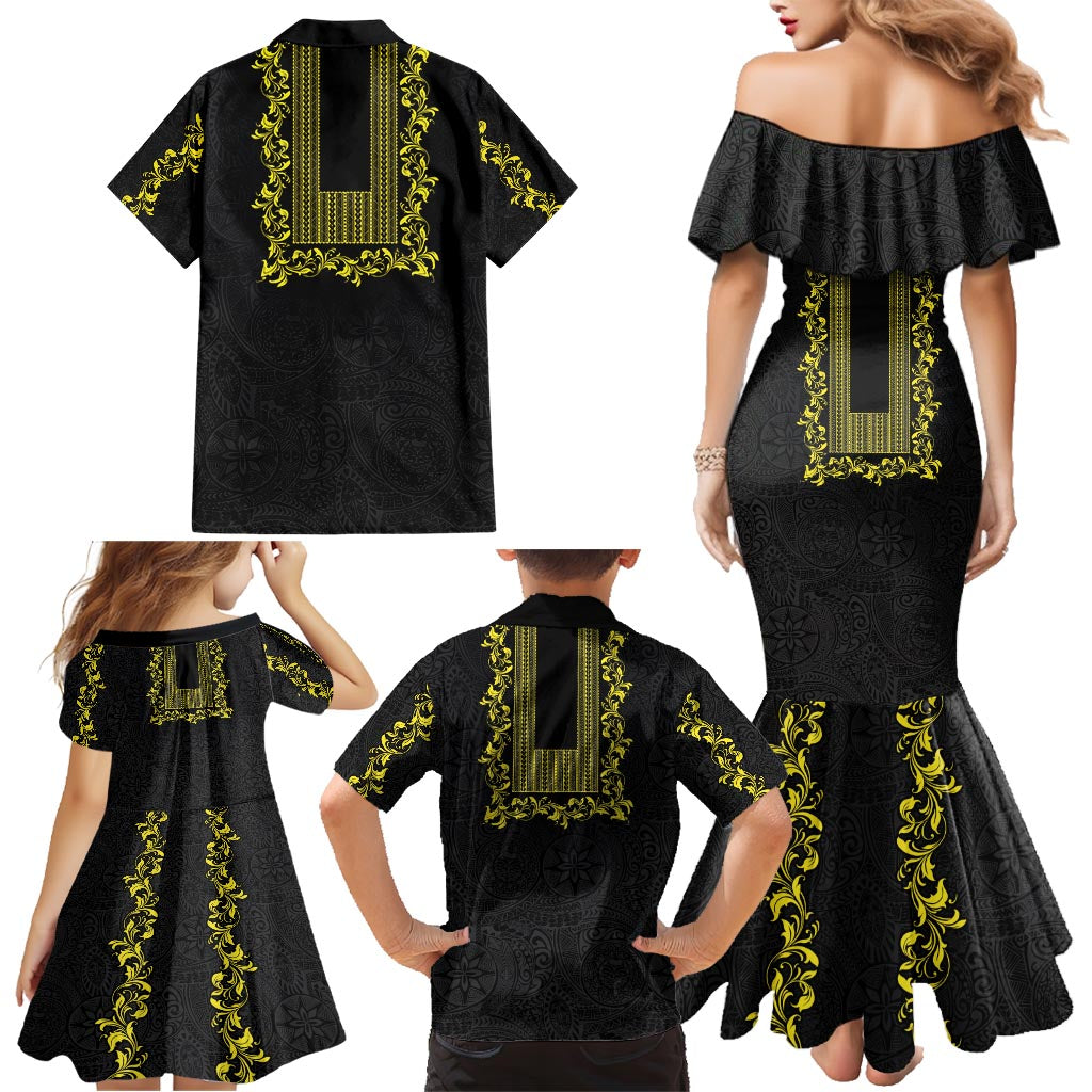 Philippines Polynesian Floral Pattern Family Matching Mermaid Dress and Hawaiian Shirt With Barong Tagalog Black Style