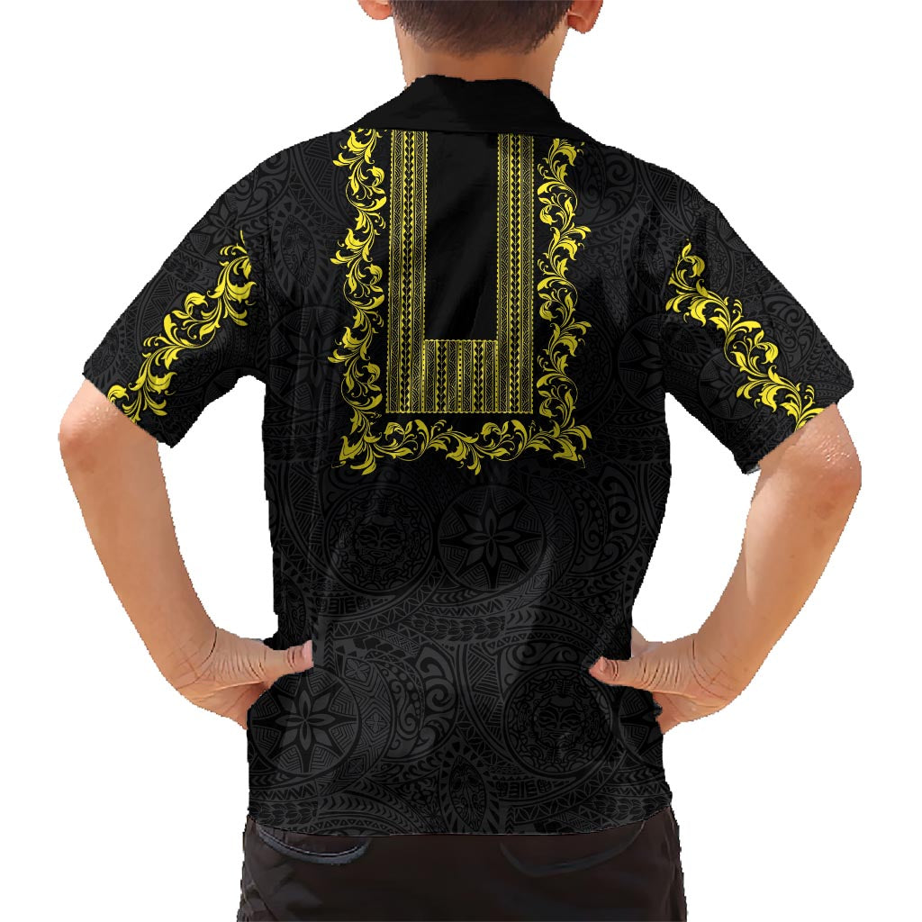 Philippines Polynesian Floral Pattern Family Matching Short Sleeve Bodycon Dress and Hawaiian Shirt With Barong Tagalog Black Style