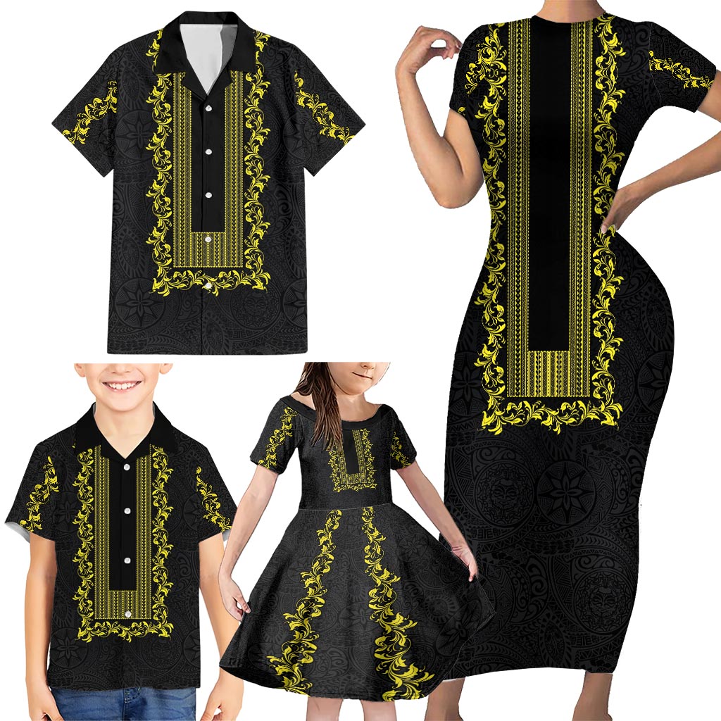 Philippines Polynesian Floral Pattern Family Matching Short Sleeve Bodycon Dress and Hawaiian Shirt With Barong Tagalog Black Style LT03 - Polynesian Pride