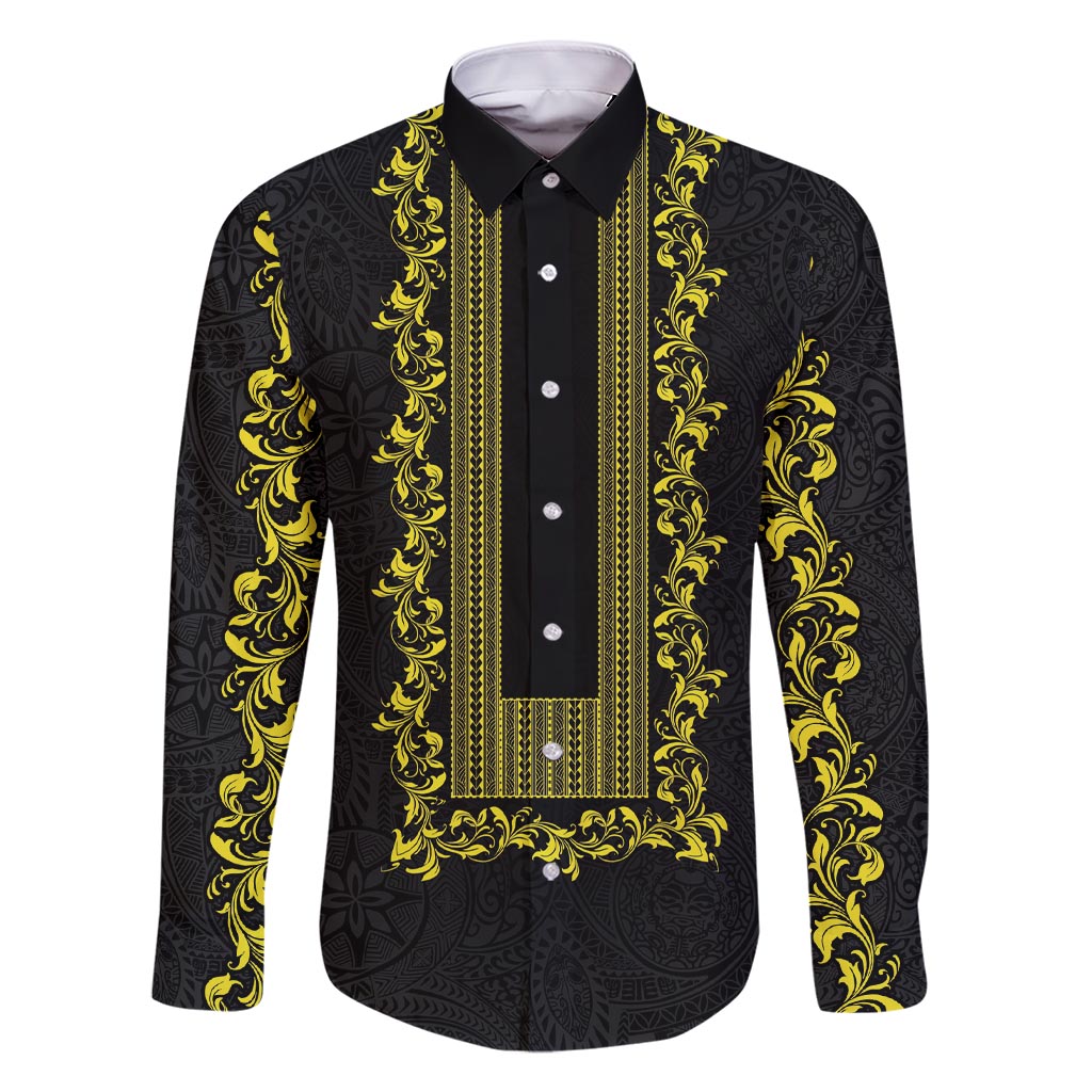 Philippines Polynesian Floral Pattern Family Matching Short Sleeve Bodycon Dress and Hawaiian Shirt With Barong Tagalog Black Style