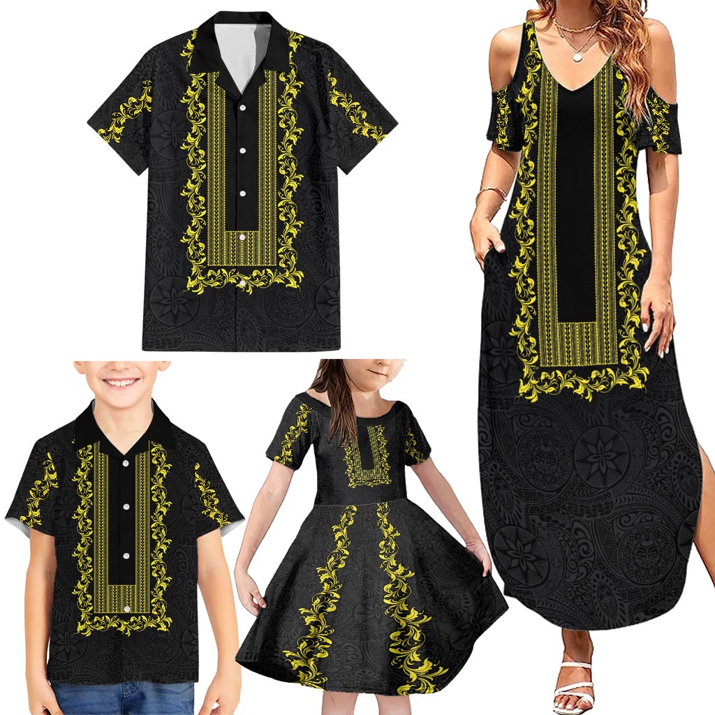 Philippines Polynesian Floral Pattern Family Matching Summer Maxi Dress and Hawaiian Shirt With Barong Tagalog Black Style LT03 - Polynesian Pride