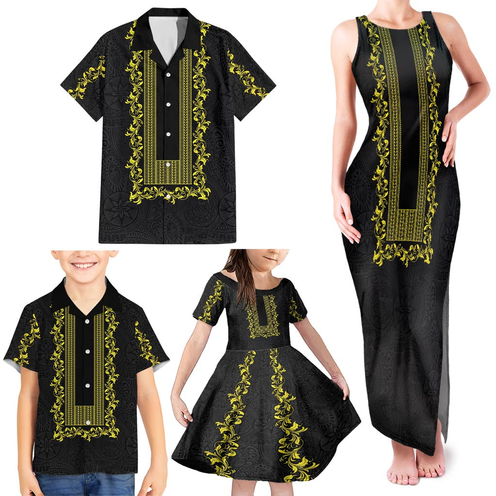 Philippines Polynesian Floral Pattern Family Matching Tank Maxi Dress and Hawaiian Shirt With Barong Tagalog Black Style LT03 - Polynesian Pride