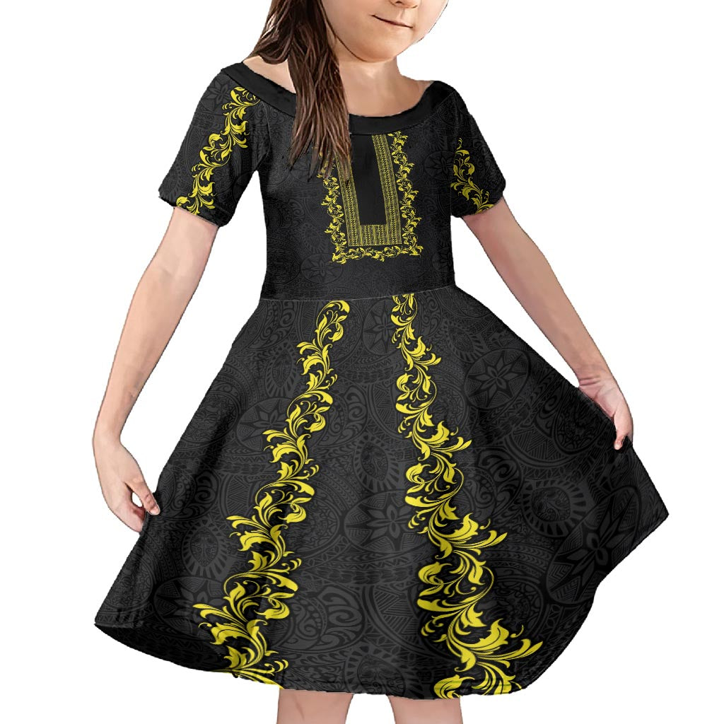 Philippines Polynesian Floral Pattern Kid Short Sleeve Dress With Barong Tagalog Black Style