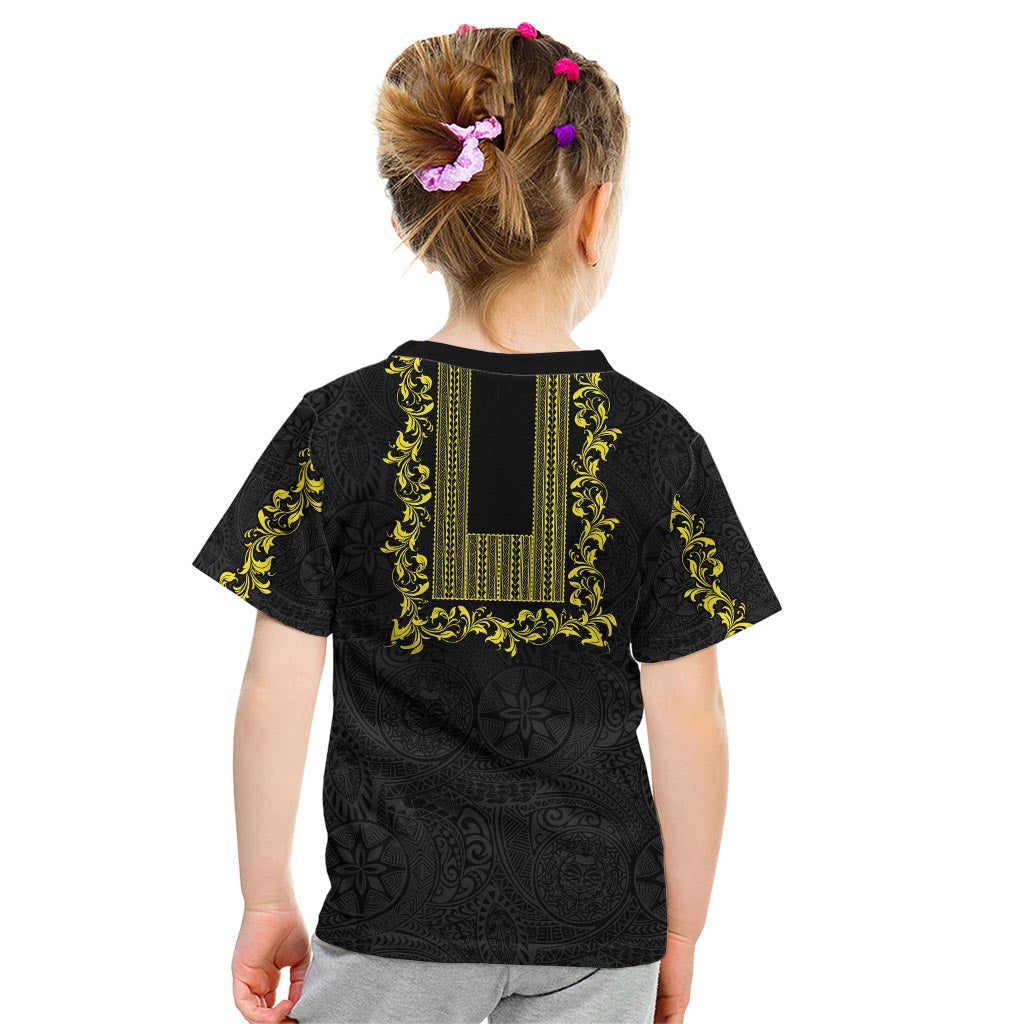 Philippines Polynesian Floral Pattern Kid T Shirt With Barong Tagalog Black Style