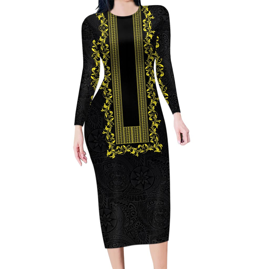 Philippines Polynesian Floral Pattern Long Sleeve Bodycon Dress With Barong Tagalog Black Style LT03 Long Dress Black - Polynesian Pride