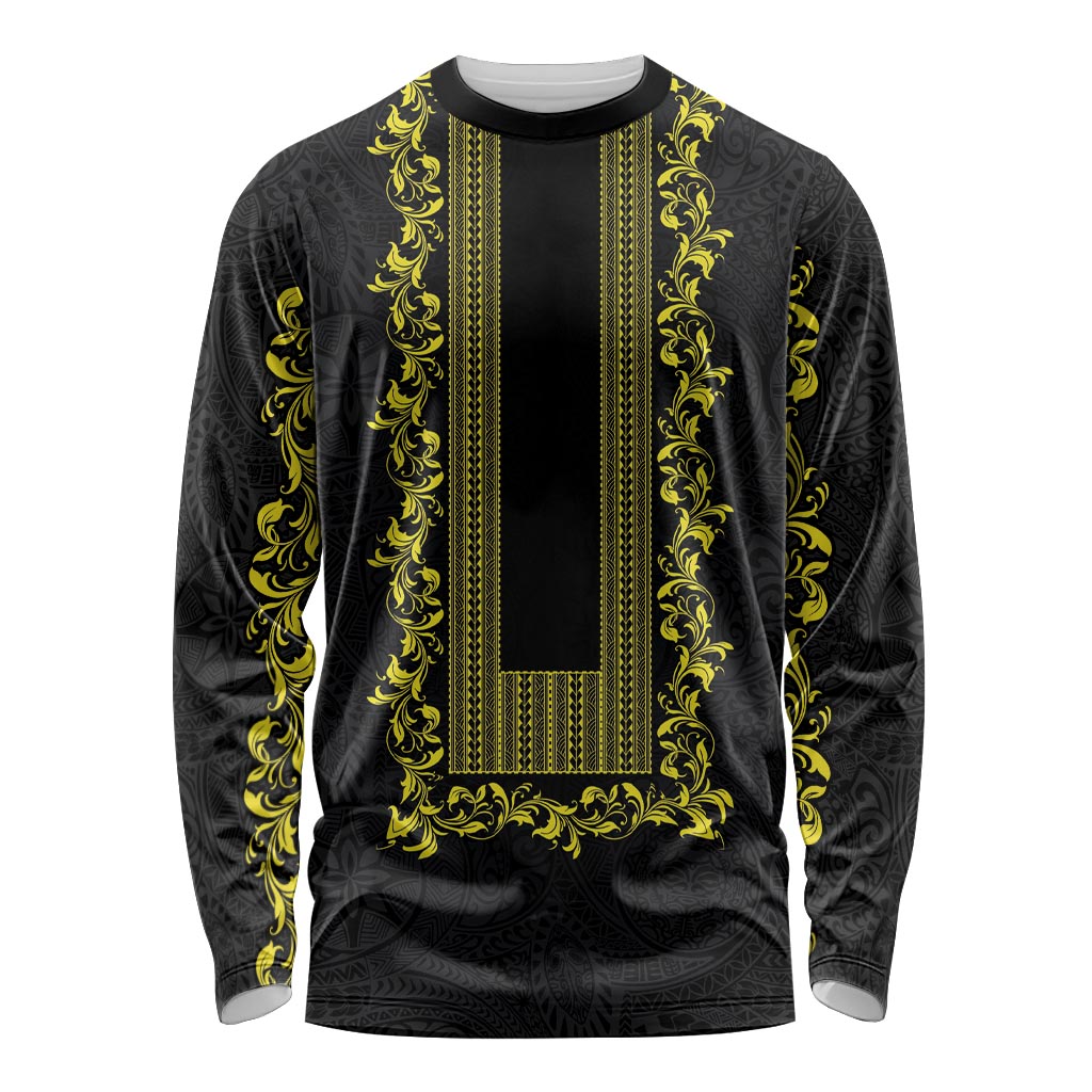 Philippines Polynesian Floral Pattern Long Sleeve Shirt With Barong Tagalog Black Style LT03 Unisex Black - Polynesian Pride