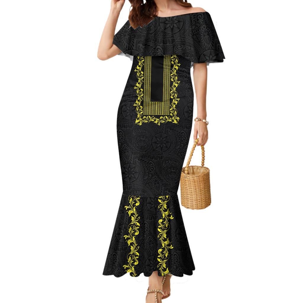 Philippines Polynesian Floral Pattern Mermaid Dress With Barong Tagalog Black Style LT03 Women Black - Polynesian Pride