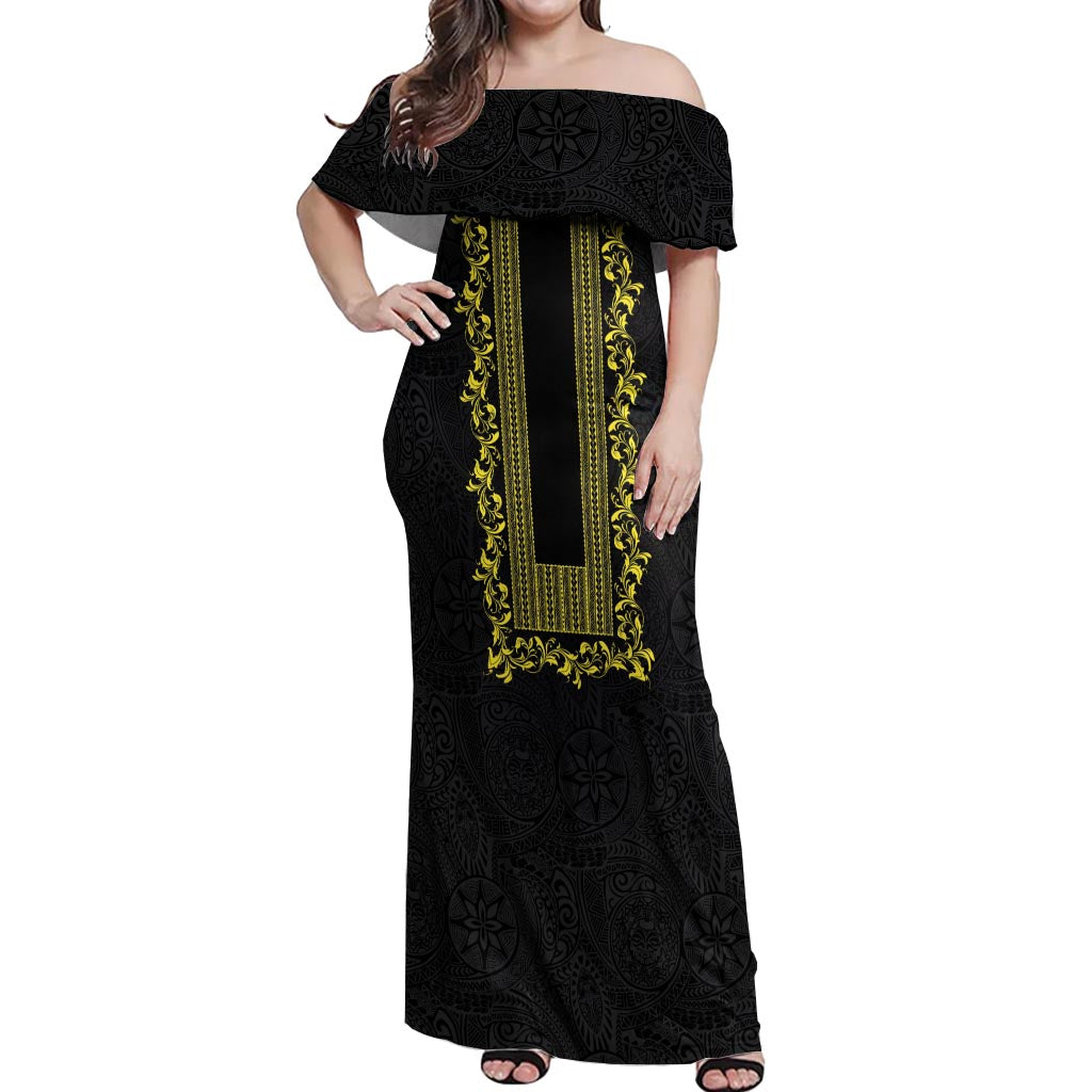 Philippines Polynesian Floral Pattern Off Shoulder Maxi Dress With Barong Tagalog Black Style LT03 Women Black - Polynesian Pride