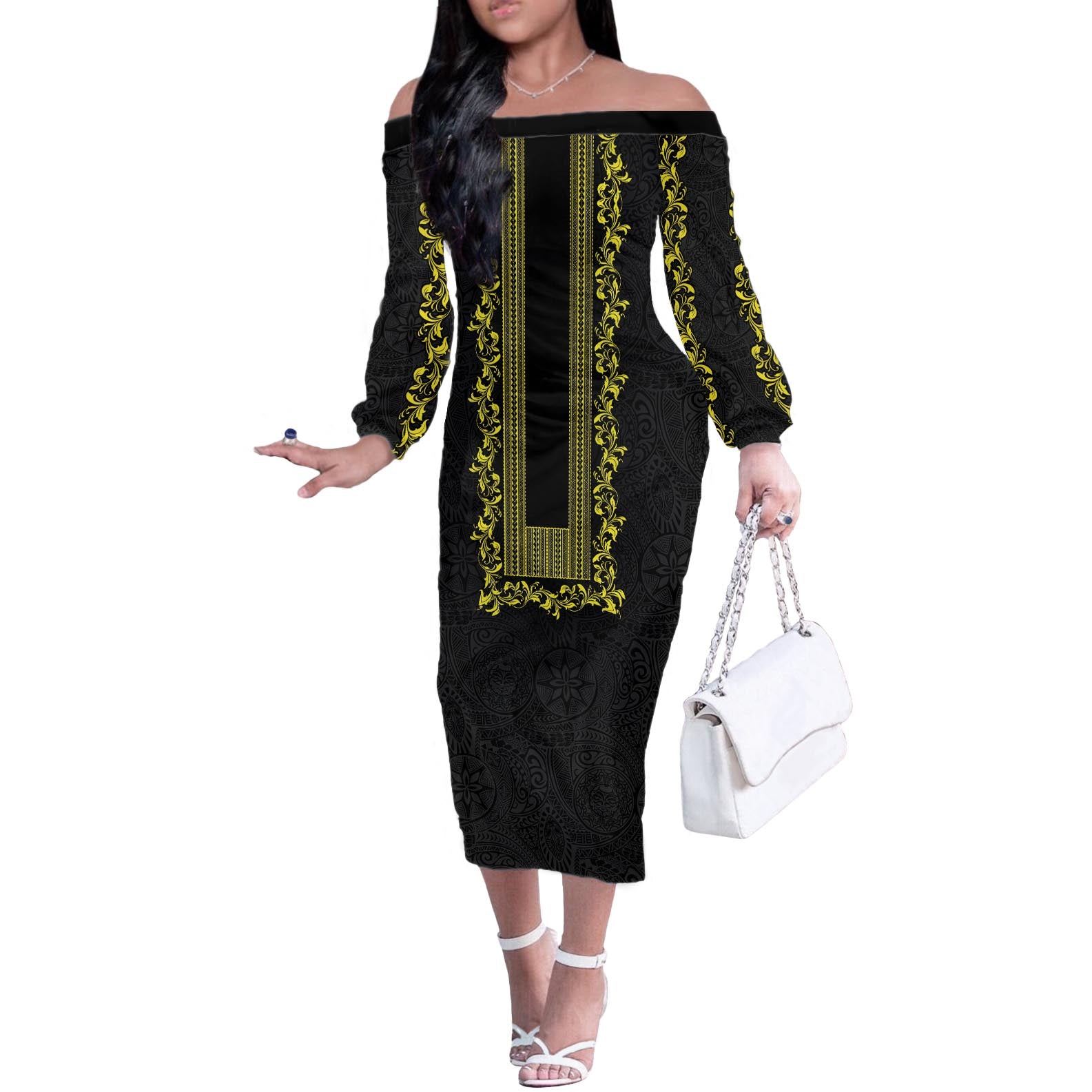 Philippines Polynesian Floral Pattern Off The Shoulder Long Sleeve Dress With Barong Tagalog Black Style LT03 Women Black - Polynesian Pride