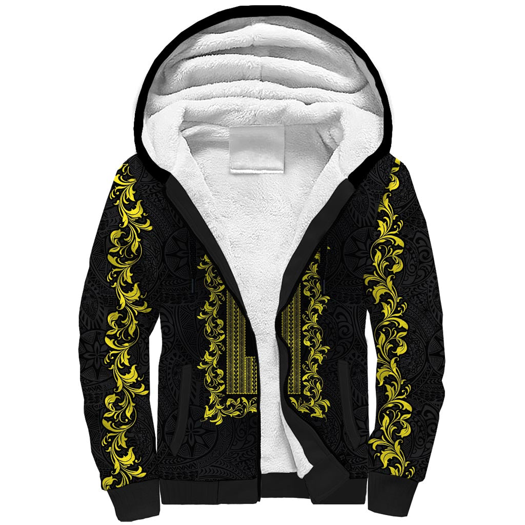Philippines Polynesian Floral Pattern Sherpa Hoodie With Barong Tagalog Black Style LT03 Unisex Black - Polynesian Pride